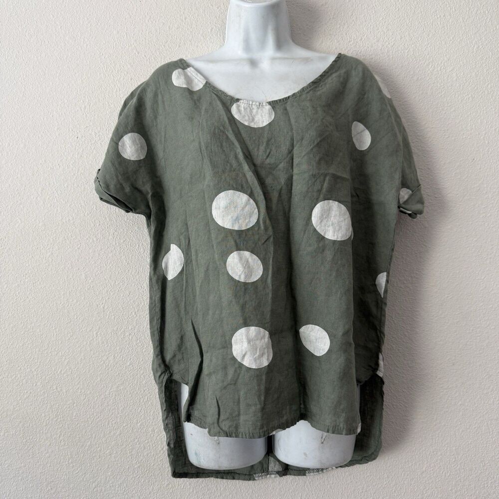 Made In Italy Linen Polka Dot Top S/M Boho Blouse Olive Lagenlook Coastal Artsy
